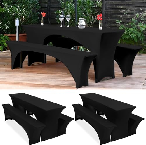 Zwei 3er-Set Biertischhussen 220 x 50 x 70 cm hussen bierzeltgarnitur, schwarz Stretch-Bezüge für Biertisch-und Bankgarnituren, Bierbankhussen, Spandex-Bierzeltgarnitur für Bankett, Gartenmöbel-Bezüge