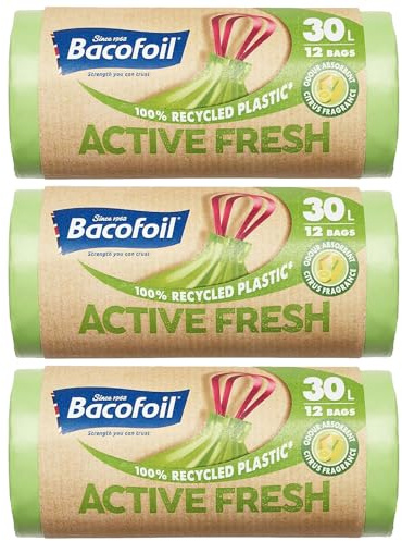 Bacofoil Active Fresh Bin Liners with Drawstring Handles 30L - Leak-Proof Bin Bag with a Citrus Fragrance to Prevent Odours (3 Rolls, 36 Bags)…