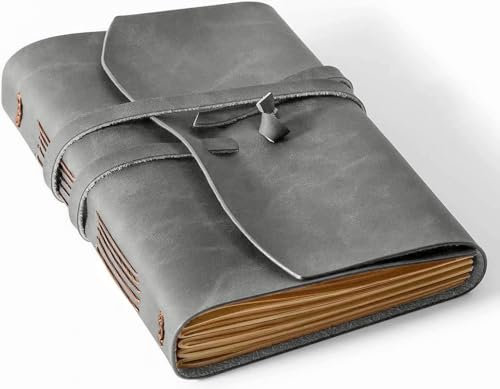 RILIHO Läderdagbok – dagbok i äkta läder för att skriva 15 x 7,1 tum, vintage dagbok för män och kvinnor, konstnär, resedagbok, grå