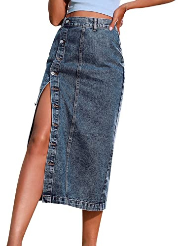 Gonna Lunga in Jeans Con Spacco Anteriore, Maxi Elegante Con Tasche, Elasticizzata, Denim, Cintura Estiva Da Spiaggia a Linea, Blu