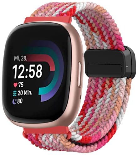 Armband Kompatibel mit Fitbit Versa 4/Versa 3/Fitbit Sense/Fitbit Sense 2, Doppelmagnet Einstellbar Nylon Ersatzarmband, Schnell Trocknendes Breathable Sportarmband, Armbänder für Männer und Frauen