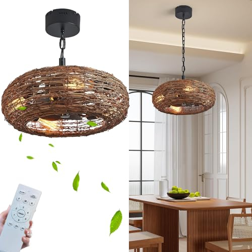 KZT Ventilator Deckenleuchte E27 Deckenventilator mit Beleuchtung und Fernbedienung Vintage Fan Deckenlampe Handgemachte Gewebt Rattan Hängeleuchten für Wohnzimmer Esszimmer Cafe Kronleuchter
