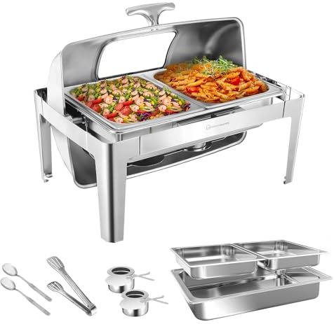 WARMOUNTS Roll Top Chafing Dishes for Buffet w/Visible Lid, 9QT Rectangular Chafing Dish Buffet Set w/Serving Utensils, Stainless Steel Chafers for Catering for Weddings, Parties (2 Half-Size Pan)