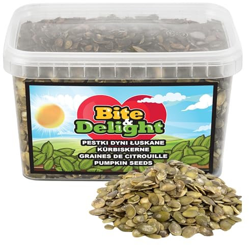 Bite & Delight Kürbiskerne Geschält - Ungesalzen Ungeröstet - Knackige Kürbiskerne - Schalenlos zum Knabbern - Kürbis Kerne Roh ohne Schale - Vegan in Rohkostqualität - Eiweißquelle - 1000 ml