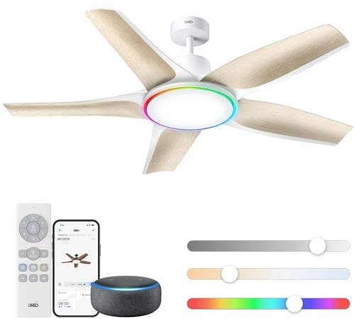 Dreo ventilador de techo inteligente de perfil bajo con luz 132 cm, LED regulable con temperatura de color ajustable, iluminación ambiental RGB, motor CC silencioso, instalación fácil, APP, blanco