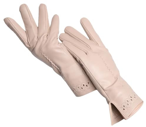 Damen Schaffell Handschuhe Winter Warm Plus Fleece Kurze Fahren Lederhandschuhe, beige, 34