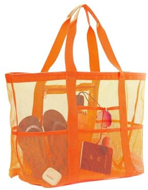 CCAIPU Große Netz Strandtasche, faltbare Handtasche mit Fächern und Reißverschluss für den Strandurlaub und den Einkauf (Orange)