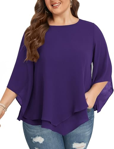 Hanna Nikole Chemisier en mousseline de soie à manches 3/4 pour femme - Double couche - Grande taille - Élégant - Ample