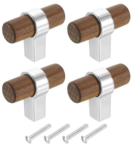 QUARKZMAN 4Pcs Tiradores De Cajón De Madera En Forma De T, 1.57 x 0.71 Tiradores De Gabinete De Madera Con Base Plateada Y Tornillos Para Cocina, Armario, Clóset O Alacena, Nogal Oscuro