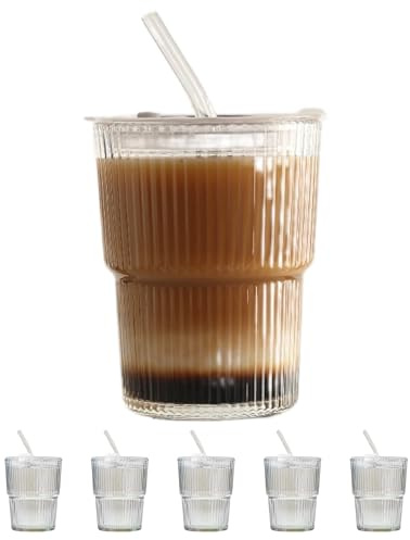 TRESV Set de 6 Vasos de cristal agua, Vasos de Cristal de 360ml Transparentes, Aptos para Lavavajillas (360ml con Tapa y Pajita)