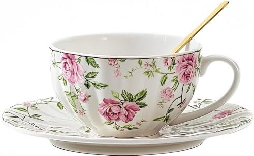 Eplze YBK Tech Ceramic Cup and Saucer Set, 6.8oz Coffee Cup for Afternoon Tea- Country Floral Pattern (Pink)