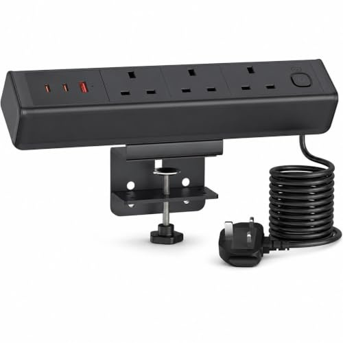 Desk Power Socket with 65W USB, Haiaoyyds Aluminium Alloy Desktop Clamp Power Strip with 3 UK Plugs, 3 USB Ports, Overload Switch, 1.8M Cable, Ideal for Office, Home, Workspace, Black