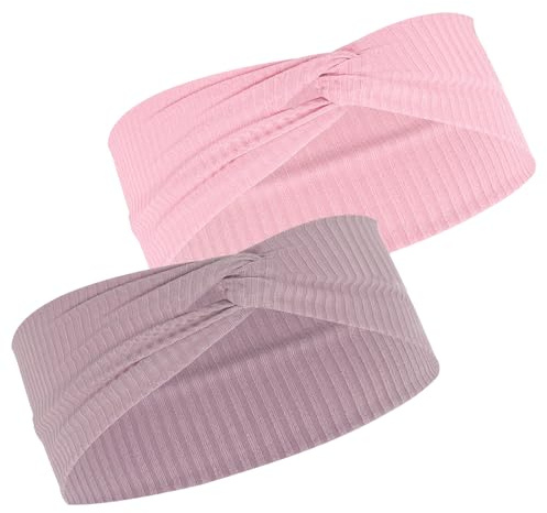 Lot de 2 bandeaux pour enfants, bandeau tricoté doux et confortable, élastique avec nœud, pour filles et garçons (violet, rose)