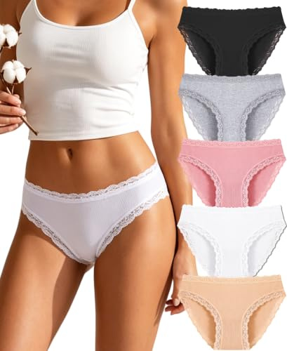 ALL OF SHE Culotte Femme Coton Dentelle, Douce Confortable Respirante, Slip Bikini Taille Basse, sous-Vêtements,Lot de 5, Tissu Côtelé, Doux pour la Peau, S