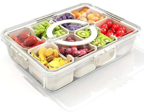 1 Pack Snackle Box, Divided Serving Tray with Lid & Handle, Snack Box with 8 Removable Compartments, Food Storage Container Organizer Reusable Snack Boxes for Spices, Candy, Fruits, Nuts, Chips, Dip