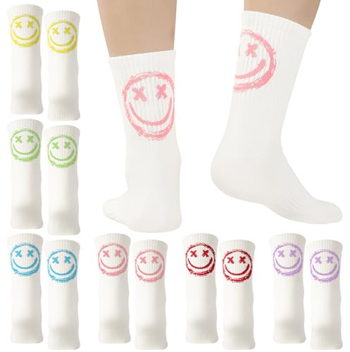 6 Paar Tennissocken Damen & Herren 39-42,43-46 Baumwolle Socken mit Smile | Sportsocken Lustige Verrückte Socken Smile Strümpfe Crew Socks für Jungen Frauen Männer Tennis Alltag Freizeit Lauf