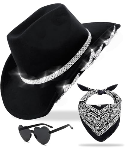 JynkChrenzic Black Cowgirl Hat with Bandana & Heart Sunglasses, Glitter Star Cowboy Hat for Women & Men, Felt Western Hat with Rhinestone Band, Fancy Dress Accessories for Festival, Hen Party, Rodeo