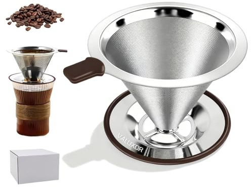 VALUXOR Doppelschichtiger Edelstahl-Kaffeefilter, kegelförmig, wiederverwendbar, mit hitzebeständigem Silikongriff, universelle Passform für Zuhause und Büro