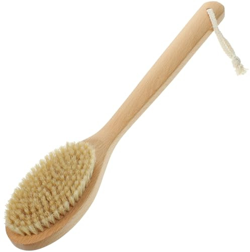 Buchenholz Borsten Körperpeeling aus Badebürste Griff Langem | Beige, Schweineborsten, Lochgriff Design, für Ganzkörperreinigung in Dusche, Fein Verarbeitet
