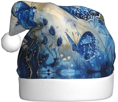 MGGAklp Weihnachtsmütze mit blauem Schmetterlings-Aufdruck, Weihnachtsmütze für Erwachsene, Weihnachten, Neujahr, festliches Partyzubehör