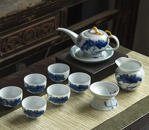 Juego de té de porcelana china azul y blanca con tetera, tazas y platillo, patrón de loto, servicio de té tradicional de cerámica