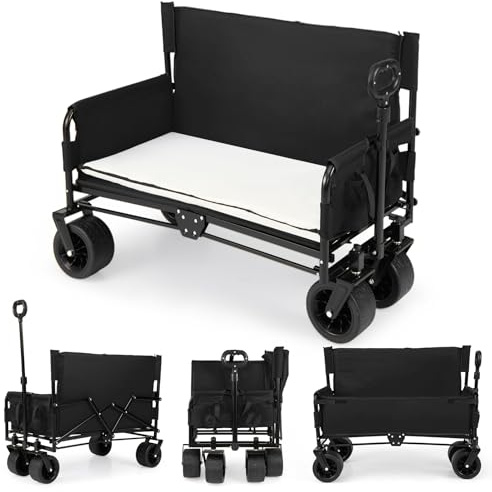 COSTWAY 2-in-1 Wagon Bench Seat Combo, Collapsible Folding Trolley Cart with Adjustable Push/Pull Handle, Cushions & All-Terrain Wheels, Outdoor Transport Pull Along Carts for Camping Shopping (Black)
