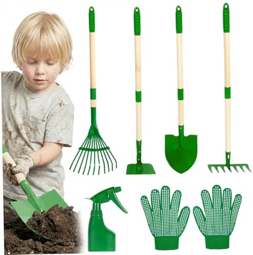 Kinder-Gartengeräte-Set für Kleinkinder 6-teiliges Gartengeräte-Set mit Schaufel und Rechen grünes Gartenspielzeug- für draußen mit Holzgriff und Metallköpfen