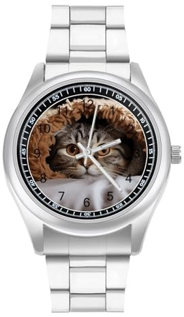 VstaDank Orologio da polso con gatto sotto la coperta per uomo e donna, moderno, alla moda, in acciaio inox, cassa in lega, elegante orologio da polso casual di lusso, facile da leggere, unisex