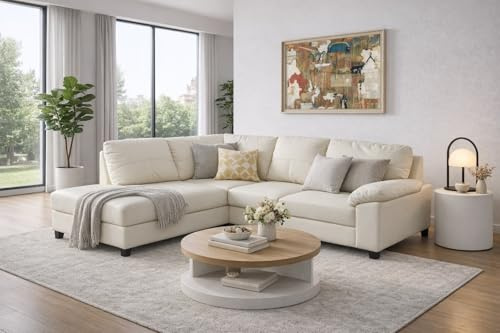 SC Furniture Ltd Cream Ivory High Grade Genuine Real Leather Corner Sofa BOSTON (Left Hand Facing) + USB