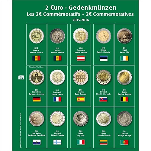 SAFE Münzblatt mit Vordruck für 2-Euro-Münzen | Archivgeeignete Sichtfolie mit farbigem Begleitdruck und fester Lochkante