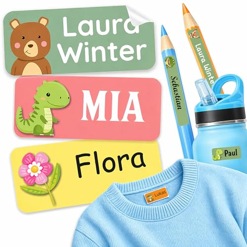 Premium Namensaufkleber für Kleidung und Gegenstände Stifteaufkleber | 88 Stück Namenssticker Kinder Schule Kita ohne Bügeln Textil wasserfest spülmaschinen- & waschmaschinenfest starke Haftung