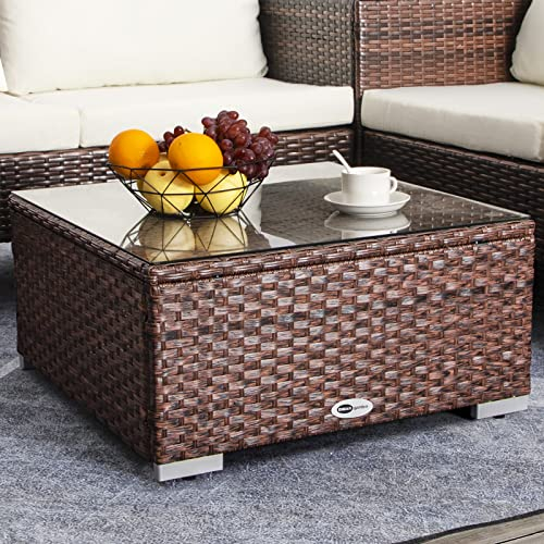 DIMAR GARDEN Couchtisch für den Außenbereich, Rattan-Beistelltisch mit Glasplatte, 64 cm, gemischtes Braun