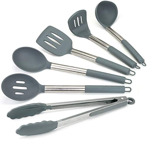 Lantana Premium Silicone Kitchen Utensils Set for Cooking (6 Pieces) - Sleek Grey and Brushed Stainless Steel - Includes Non-Stick Tongs, Serving & Slotted Spoon, Turner, Ladle, Potato Masher