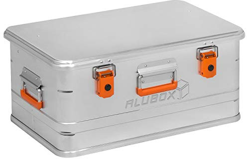 Alubox® Aluminiumbox 47 Liter Alukiste mit Deckel, extra stabiles 1 mm Aluminiumblech, Außenmaße (58 x 38,5 x 26,5 cm) staub/spritzwassergeschützt Transportbox Aufbewahrungskiste Metallkiste