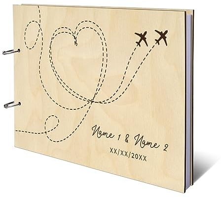Personalisiertes Hochzeit Gästebuch echtes Holz DIN A4 Erinnerungsbuch mit Lasergravur - Flugzeuge - mit 72 Blatt / 144 Seiten Naturpapier Weiß