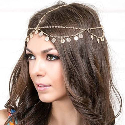 Runmi Kopfkette mit Zechinen, Quasten, Braut-Kopfschmuck, Stirnband, Festival-Haarschmuck für Damen und Mädchen (Golden)