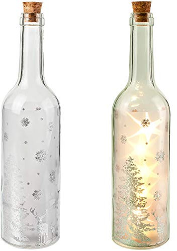 alles-meine.de GmbH 2 Stück Lichterflaschen/LED Licht Dekoflaschen - Hirsch & Sterne - Silber - Lichtflasche/Flasche mit Licht - 30 cm - Batterie betrieben - warmweiß - FLA..