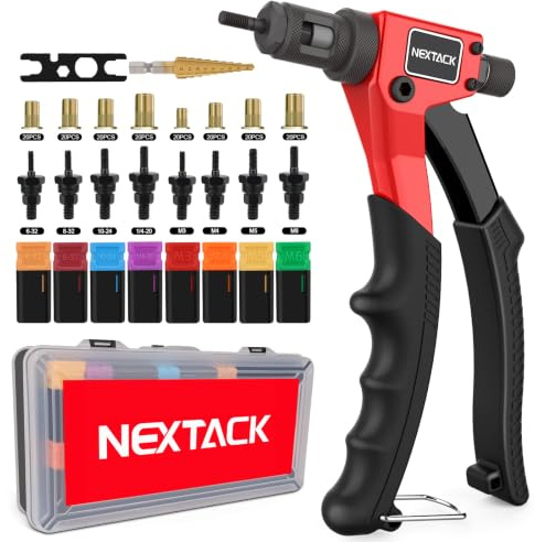NEXTACK NT600 Kit d'outils d'écrous à rivets avec foret étagé et 80 écrous pour une main dans un espace restreint, ensemble d'outils à rivets de 20,3 cm avec 8 mandrins métriques et SAE inclus 15,2 à