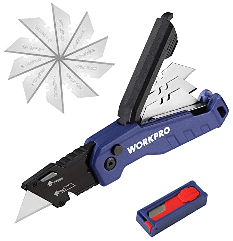 WORKPRO Teppichmesser aus Aluminium, Faltbares Universalmesser Cuttermesser mit Schnellwechselklinge und Gürtelclip, Klingenaufbewahrung, Safety-Lock-Design, mit 13 zusätzlichen Klingen, Blau