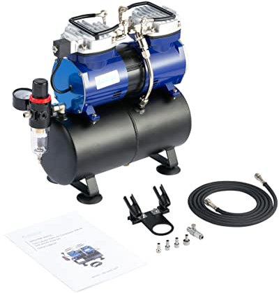 Hseng Compresor de aire de bajo ruido de 1/3 HP (47 db), con tanque de almacenamiento de aire de 3.5 L para aerografía, azul oscuro