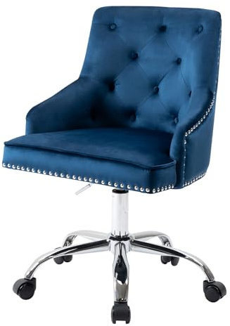 Sepnine Bürostuhl Samt, Schreibtischstuhl Aesthetic Mädchen, Schminkstuhl mit Rollen, Drehstuhl mit Silbernen Stuhlbeinen, Höhenverstellbar, Studie, Büro, Schlafzimmer, Bis 135 kg, blau