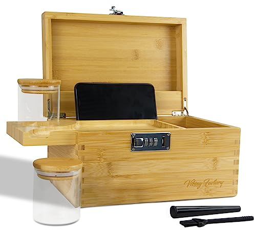 Viking Factory Premium Bambus-Box Groß mit Zahlenschloss, Rolltablett & Zubehör - Dekorative Aufbewahrungskiste aus Holz (Bambusgelbe, 27x18x15cm)