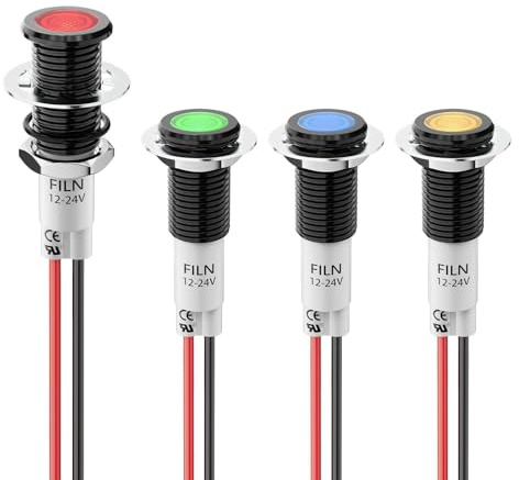 FILN 4Pcs Small 12V LED Metal Indicator Light, 10mm(0.393in) IP67 Waterproof Low Power Pilot Lights for Car Truck Boat Dashboard, Marine, RV(Red+Green+Yellow+Blue,12-24V Black Shell)