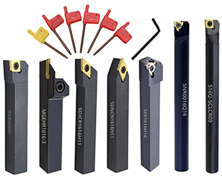 Drehmaschinenzubehör 7 Sätze 16-mm-CNC-Drehwerkzeughalter-Bohrstange mit passenden Einsätzen und Schraubenschlüsselsatz for Drehen von Gewinden (Color : 7Sets for Steel)