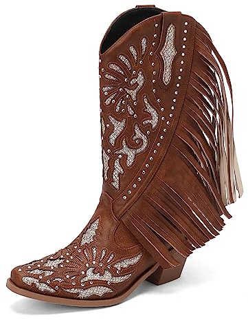 Carkuolary Damen Western Cowboy Arbeit Stiefel Franse Bootie Quasten Stiefel Mode Retro Klassischer Tall Boot für Frauen Mädchen Damen Braun Große 42