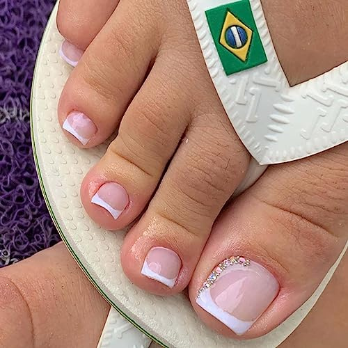 Cubahop 24 Stück französische quadratische künstliche Zehennägel, nackt, Strass, falsche Zehennägel, Glitzer, Herz, Liebe, glänzende Zehennagelspitzen für Frauen und Mädchen (pink3)