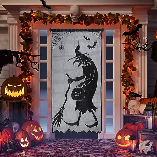 Homo Trends Halloween Türdeko, Halloween Vorhänge, Schwarze Spitze Halloween Vorhang, Hexens Curtains für gruselige Halloween Deko Horror Fenster Haustür Tür Party Dekorationen