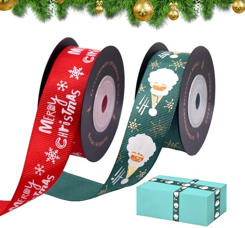 Fengyang® Weihnachtsbändchen, Weihnachtsmotiv Stoffband Geschenkband Weihnachten Weihnachten Geschenkband Satinband, 2 Rollen 20 Yards Schleifenband Weihnachtenzum Geschenk Verpackung(B)