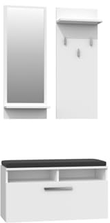 VBChome Garderobe Set 85 x 35 cm Weiß Schuhschrank Spiegel Kleiderbügel Schuhablagen Garderobe für Jacken Mantelgarderobe Flur Modern Weiß