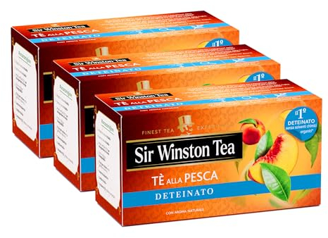 Sir Winston Tea, Tè Nero Deteinato Pesca, 60 Filtri (3 Confezioni da 20 Filtri), Gusto Morbido e Fruttato, Ideale sia Caldo che Freddo, Senza Lattosio, Glutine e Allergeni, Vegan